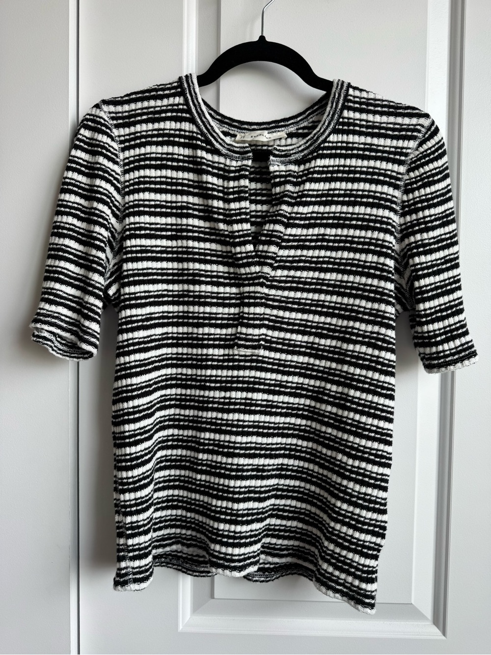 Everlane Black White Striped Ribbed Split Neck Top L